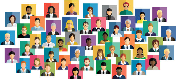 Vector illustration of an abstract scheme, which contains people icons. Social network scheme, which contains flat people icons. virtual event illustrations stock illustrations