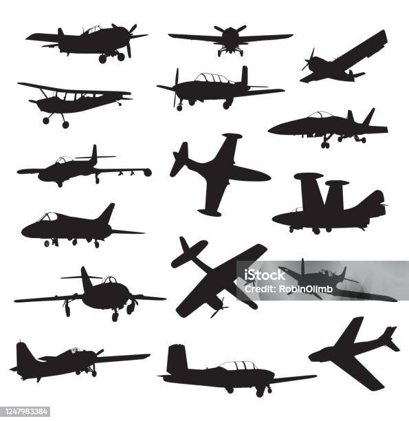 Retro Military Airplanes Silhouettes Stock Illustration - Download Image Now - Propeller Airplane, Airplane, Private Airplane