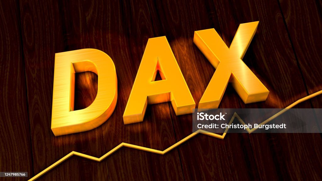 Abbreviation of the German stock exchange in golden color above a simple line chart - 3d illustration DAX - Stock Market Index Stock Photo