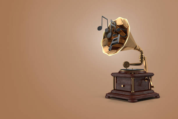 istock 3D rendering retro golden gramophone with music notes on brown isolated background. 1247985801