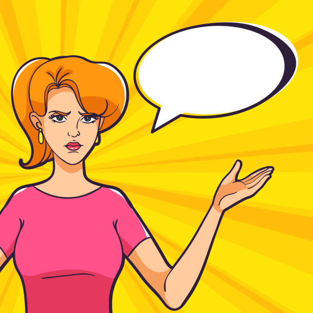 A woman spread her arms to the sides on a pop art bright background. A woman spread her arms to the sides on a pop art bright background. Unwitting facial expression. A woman is not happy with the result. comic book women pop art distraught stock illustrations