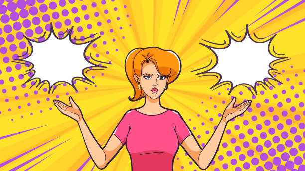 A woman spread her arms to the sides on a pop art bright background. A woman spread her arms to the sides on a pop art bright background. Unwitting facial expression. A woman is not happy with the result. comic book women pop art distraught stock illustrations