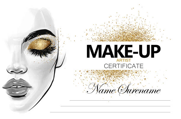 Make-up artist certificate. Beauty school diploma vector design template. Make-up artist certificate with beautiful woman face portrait. Beauty school diploma vector design template. Fashion girl with long black lashes, brows, sexy lips, golden glitter eyeshadow. glitter makeup stock illustrations