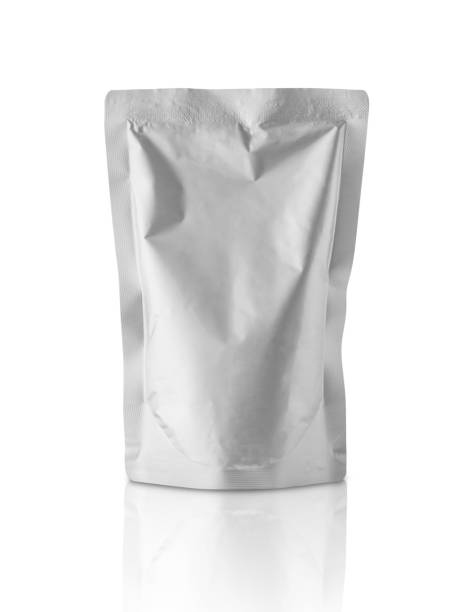 istock Blank aluminium foil plastic pouch bag sachet packaging mockup isolated on white background with clipping path 1248010075