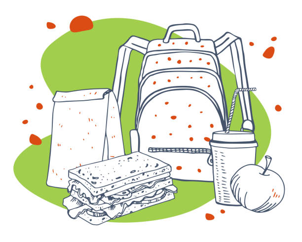 illustrations, cliparts, dessins animés et icônes de composition du déjeuner à l’école. sac à dos, sandwich, tasse avec boisson et pomme. illustration de croquis vectorielle dessinée à la main - sandwich sketch cartoon line art