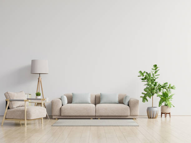 istock Bright and cozy modern living room interior have sofa and lamp with white wall background. 1248017843