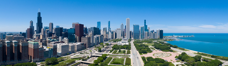 Aerial Panorama of Chicago Skyline From Grant Park