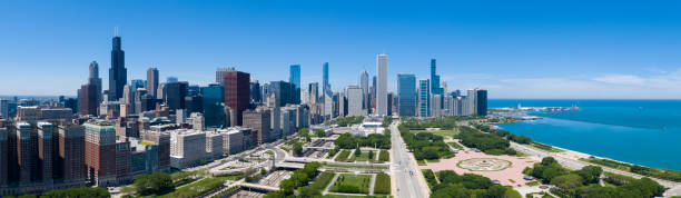 Aerial Panorama of Chicago Skyline From Grant Park Aerial Panorama of Chicago Skyline From Grant Park grant park stock pictures, royalty-free photos & images