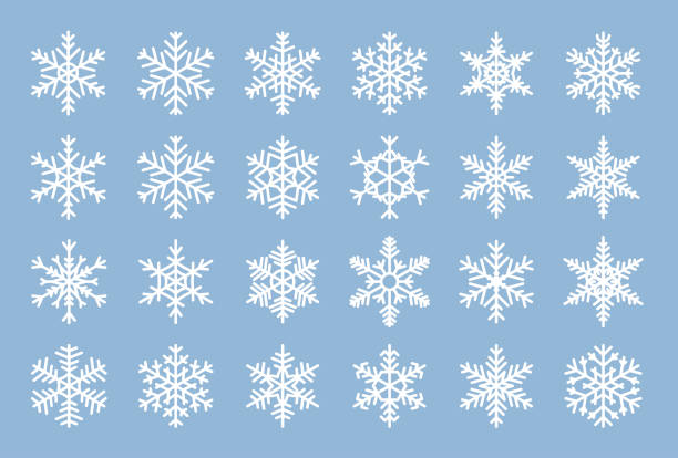 illustrations, cliparts, dessins animés et icônes de ensemble de vecteur plat de cristal de glace d’hiver d’icône de neige de flocons de neige - snowflake ice crystal christmas snow