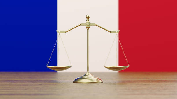 istock Bronze Scale Standing in Front of French Flag 1248049550