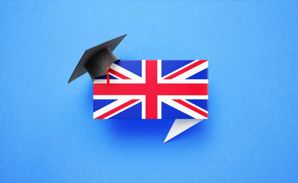 istock Graduation Cap Sitting Over A Speech Bubble Textured with British Flag on Blue Background 1248055511