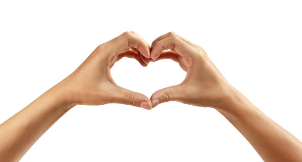 vrouwelijke handen die een hartsymbool op witte achtergrond vormen - love hand sign stockfoto's en -beelden