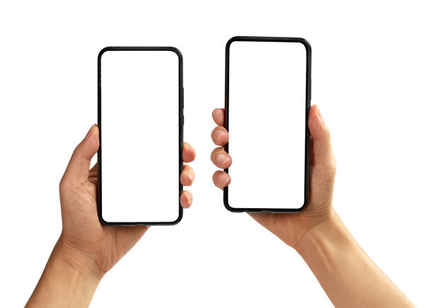 istock Hand holding the black smartphone with blank screen and modern frameless design isolated n white background. 1248058837