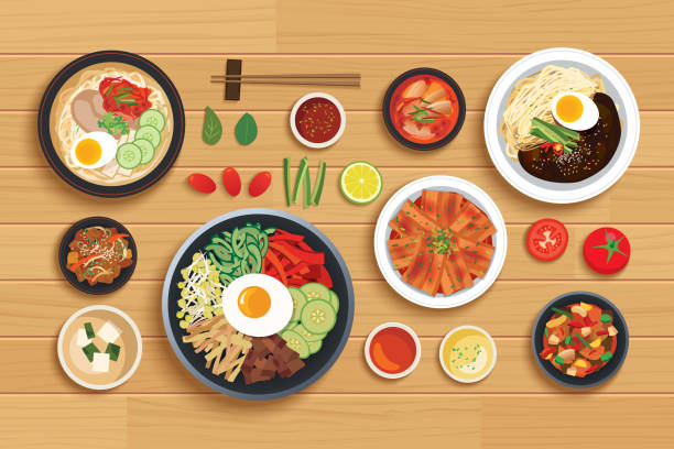 illustrazioni stock, clip art, cartoni animati e icone di tendenza di cibo coreano impostato sullo sfondo del tavolo in legno vista dall'alto. - korean culture