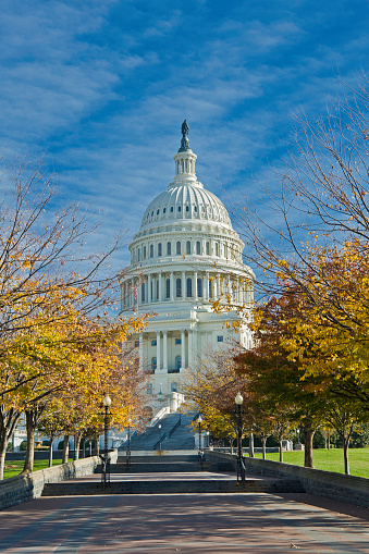 The United States Capitol is the meeting place of the United States Congress, the legislature of the Federal government of the United States. Located in Washington, D.C., it sits atop Capitol Hill at the eastern end of the National Mall.