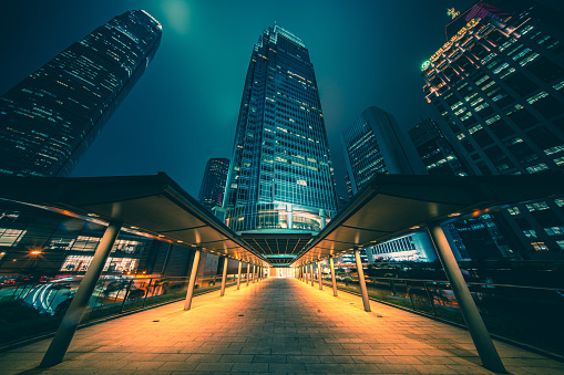 View night downtown cityscape of Hong Kong from skywalk