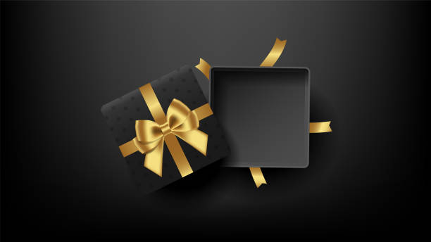istock Black open square gift box decorated with bow-ribbon gold on black background. Top view. Vector illustration. 1248071941