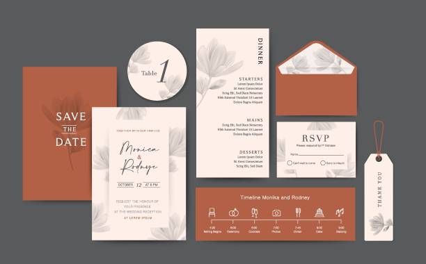 Set Wedding Card Set of Wedding Card template Background. For Invitation, menu, rsve, thank you, Decoration with leaf & floral flower watercolor style. Timeline with icon thin style. Vector illustration. rsvp stock illustrations