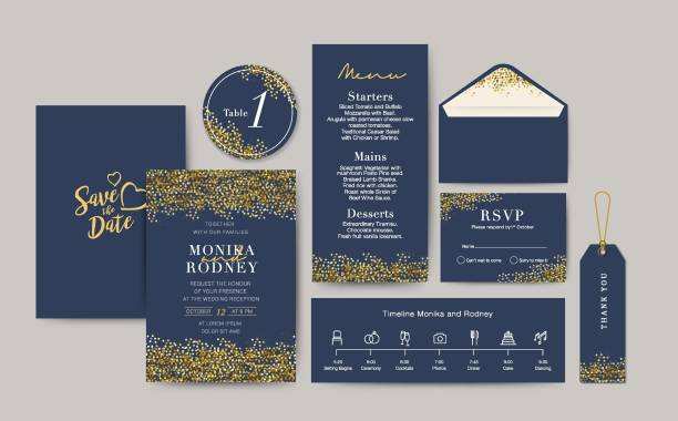 ilustrações de stock, clip art, desenhos animados e ícones de set of wedding card template background. for invitation, menu, rsve, thank you, decoration with star bokeh blue background watercolor style. timeline with icon thin style. vector illustration. - dinner