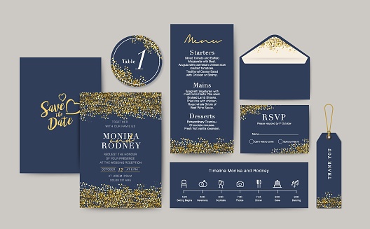 Set of Wedding Card template Background. For Invitation, menu, rsve, thank you, Decoration with star bokeh blue background watercolor style. Timeline with icon thin style. Vector illustration.
