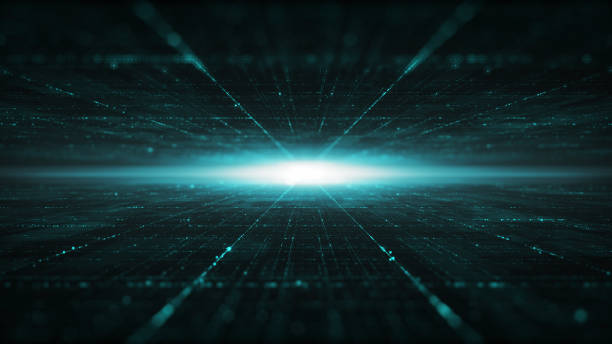 istock Abstract Digital cyber space particles perspective grid floor ground with flare matrix background. Futuristic big data information technology concept 1248080516