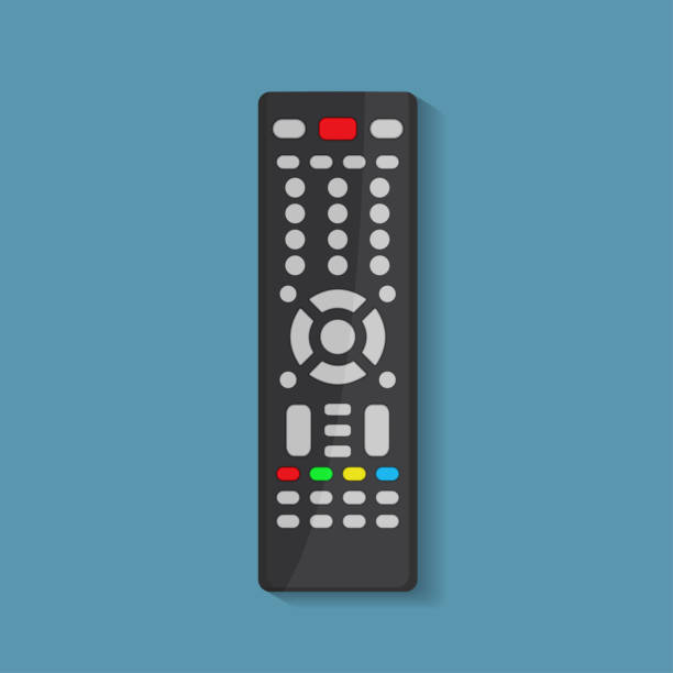 Remote control of the TV. Remote control of the TV. Flat style remote control icon. Technology media. Digital device control-panel to watch video. The vector illustration is isolated on a blue background. infrared background stock illustrations