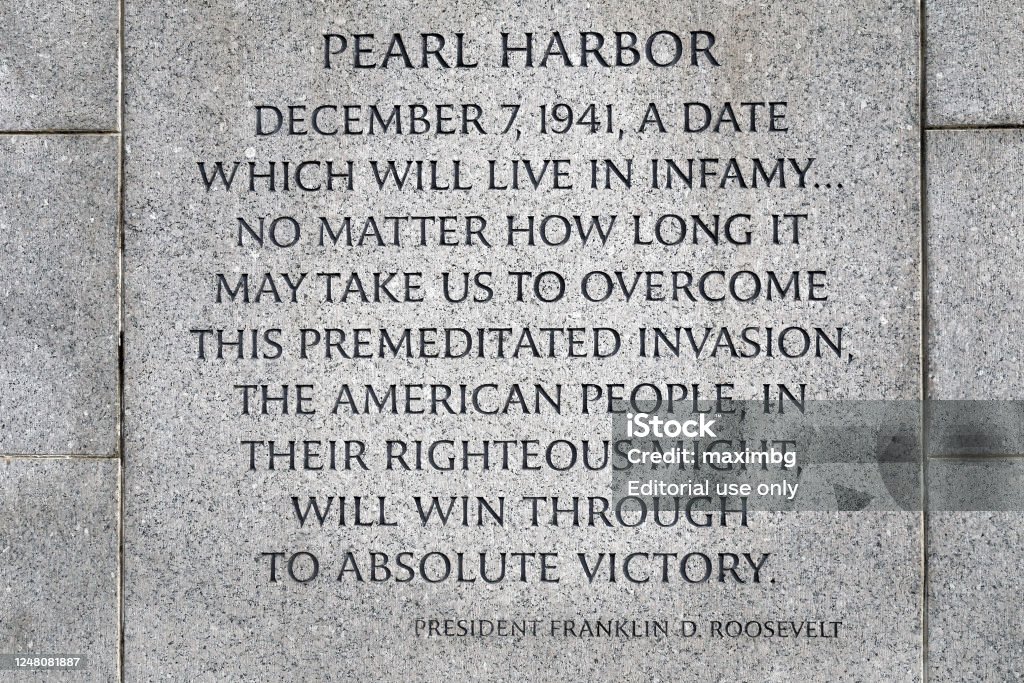 Inscription about Pearl Harbor on the World War II Memorial Washington, D.C., USA - November 11, 2017: Inscription about Pearl Harbor on the World War II Memorial, located on the National Mall. Pearl Harbor Stock Photo