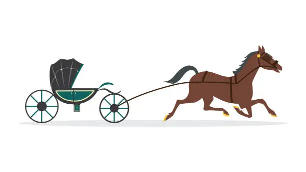 Vector illustration of Brown cartoon horse carrying green carriage wagon
