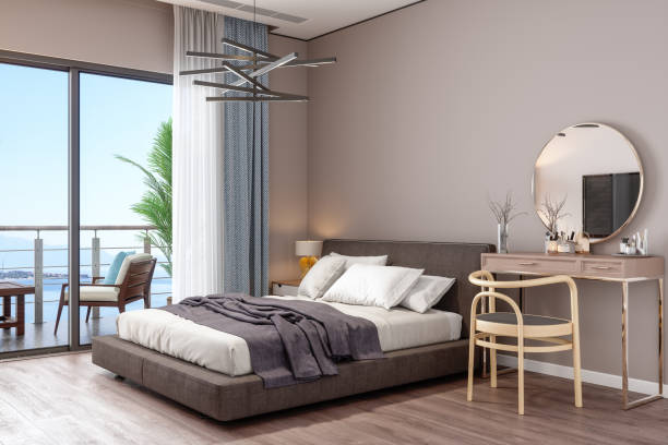 modernes luxusschlafzimmer, schminktisch und balkon mit meerblick - hotel room contemporary summer sea stock-fotos und bilder
