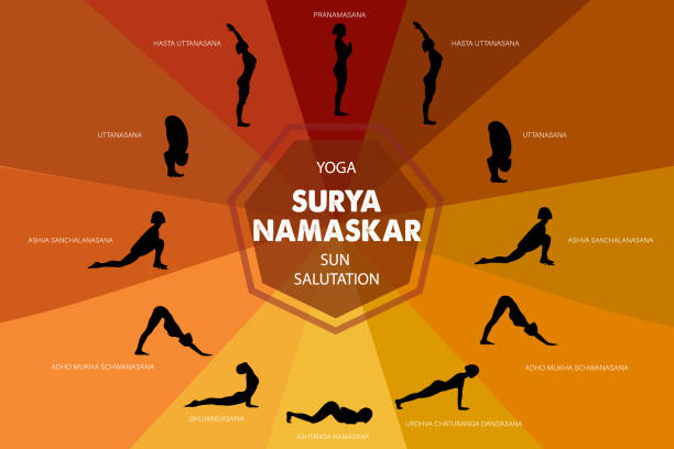 illustrations, cliparts, dessins animés et icônes de infographie yoga. surya namaskar séquence ou salutation au soleil yoga pose. personnage de dessin animé féminin pratiquant le yoga de hatha. illustration de vecteur plat. asanas. - salutation au soleil