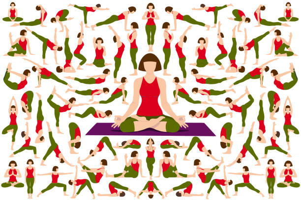 ilustrações, clipart, desenhos animados e ícones de conjunto de yogi mulher em asana pose. personagem de desenho animado feminino praticando hatha yoga. garota demonstrando exercício durante o treinamento de ginástica. ilustração vetorial plana. - saudação ao sol