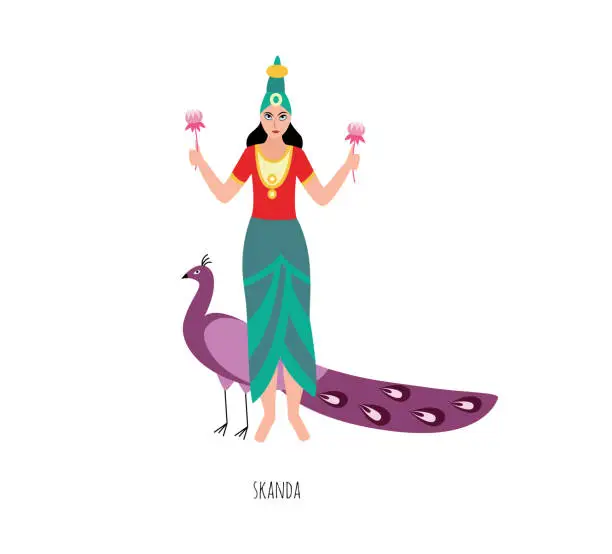 Vector illustration of Skanda - Hindu god of war standing with peacock bird