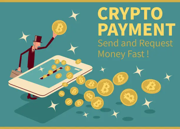 Vector illustration of Cryptocurrency payment: send and request Bitcoin money fast. Businessman with top hat getting a lot of coins out of a big smart phone, Secure Cold Storage, Encrypted Hard Drive