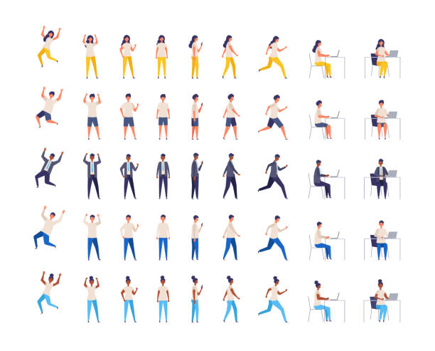 People character of various races in different poses. Vector illustration. full length. Set of men and women from different races in different poses. Working, standing, walking, sitting , running and jumping. Vector illustration in flat style. full length. one person illustrations stock illustrations