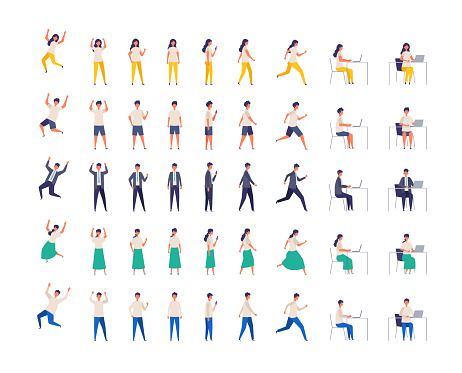 Set of men and women in different poses. Working, standing, walking, sitting , running and jumping. Vector illustration in flat style. full length.