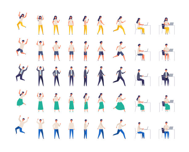 Set of Various people character in different poses. Vector illustration. full length. Set of men and women in different poses. Working, standing, walking, sitting , running and jumping. Vector illustration in flat style. full length. jumping illustrations stock illustrations