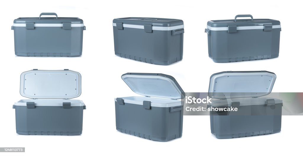 Handheld grey refrigerator isolated on white background Cooler - Container Stock Photo