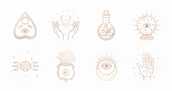 Mystic boho logo, design elements with moon, hands, star, eye, crystal bottle, ball future. Vector magic symbols isolated on white background.