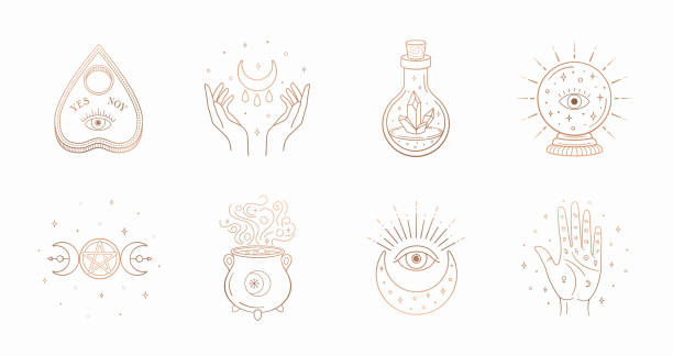 Mystic boho logo, design elements with moon, hands, star, eye, crystal bottle, ball future. Vector magic symbols isolated on white background Mystic boho logo, design elements with moon, hands, star, eye, crystal bottle, ball future. Vector magic symbols isolated on white background. gold or aquarius or symbol or fortune or year stock illustrations