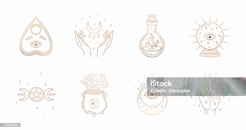 神秘博霍標誌,設計元素與月亮,手,星星,眼睛,水晶瓶,球的未來。在白色背景上隔離的向量魔法符號 - 免版稅精神上的圖庫向量圖形