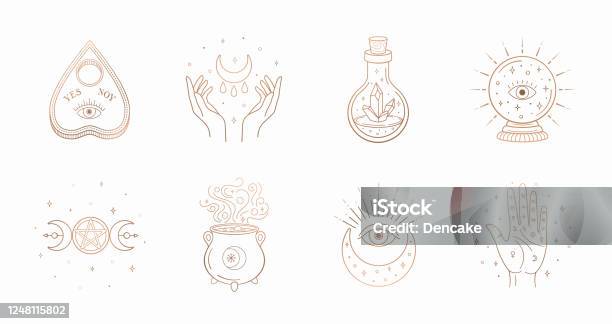 神秘博霍標誌設計元素與月亮手星星眼睛水晶瓶球的未來在白色背景上隔離的向量魔法符號向量圖形及更多精神上的圖片 - 精神上的, 超自然現象, 女巫