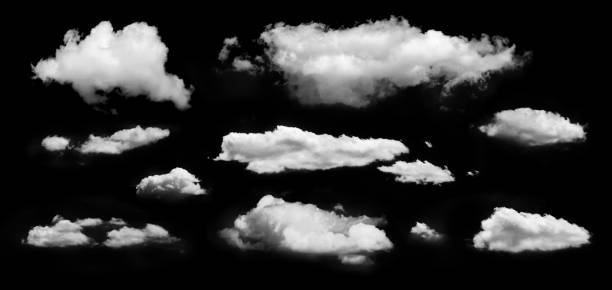 Beautiful white clouds isolated on a black background. Set of realistic cloud.