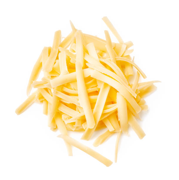 istock Grated cheese isolated on white background. Slices cheese. Top view. 1248118546