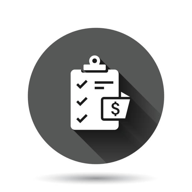 dokument-checklistensymbol im flachen stil. bericht vektor-illustration auf schwarzem runden hintergrund mit langem schatteneffekt. papierblatt-kreis-schaltfläche geschäftskonzept. - conformity tax checklist clipboard stock-grafiken, -clipart, -cartoons und -symbole