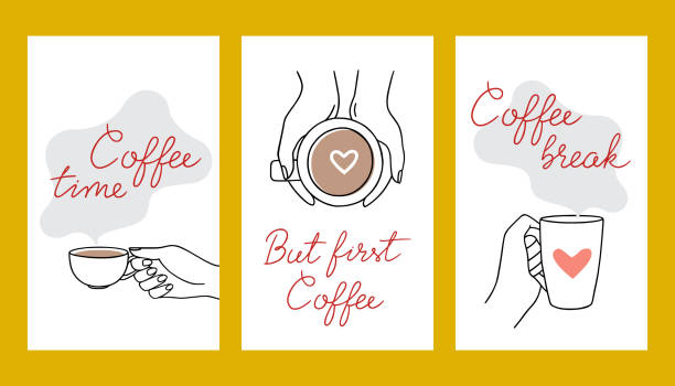 illustrazioni stock, clip art, cartoni animati e icone di tendenza di una raccolta di banner vettoriali sul tema del caffè. tempo di caffè, pausa caffè, ma primo caffè - tale iscrizione è sulle illustrazioni con le mani e una tazza di bevanda calda - internet cafe coffee coffee bean backgrounds