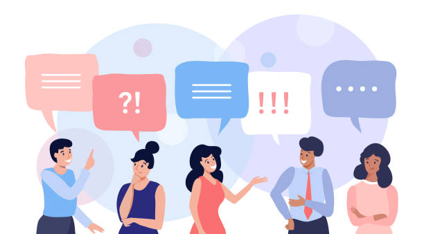 Group of people talking and thinking, Group of people talking and thinking, friends with speech bubbles, vector flat illustration discussion topics stock illustrations