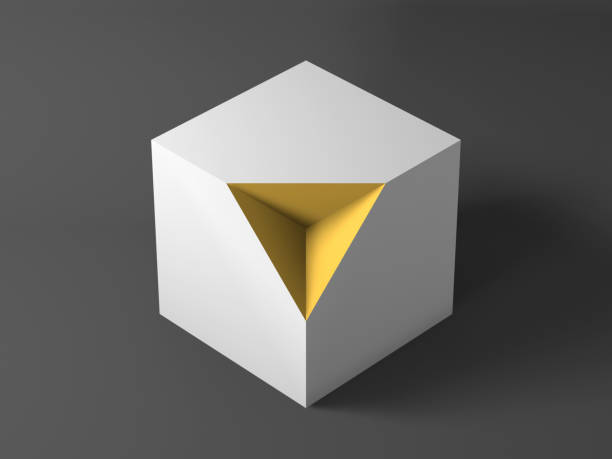weißer w�ürfel mit gelben pyramidenschnitt. 3d - pyramid shaped stock-fotos und bilder