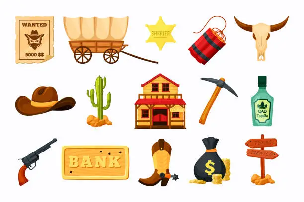 Vector illustration of West wild set. Saloon bar cowboy hat sheriff star tequila wagon cow skull pickaxe revolver texas mexico pointer dynamite bunch money bag advertisement wanted bulletin board bank. Cartoon vector.