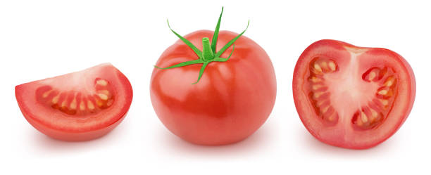 istock Set of fresh red tomatoes isolated on a white background. 1248124148
