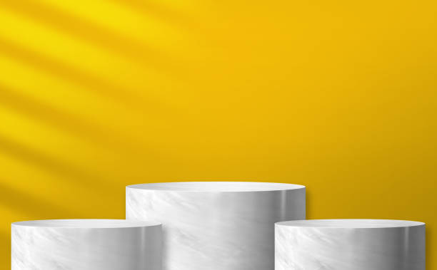 istock Glossy marble cylinder stand product display two step with yellow color background with light from window for display of product design,Banner for advertise product,3d rendering 1248126162